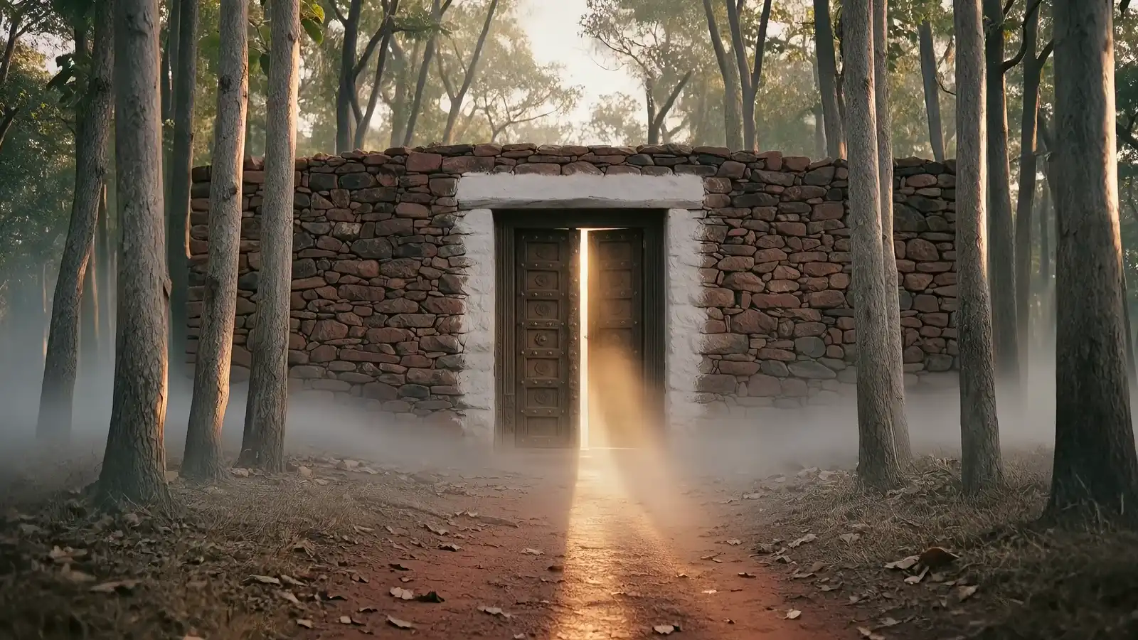 A red laterite path through misty sal forest leads to carved teak gates in a stone wall