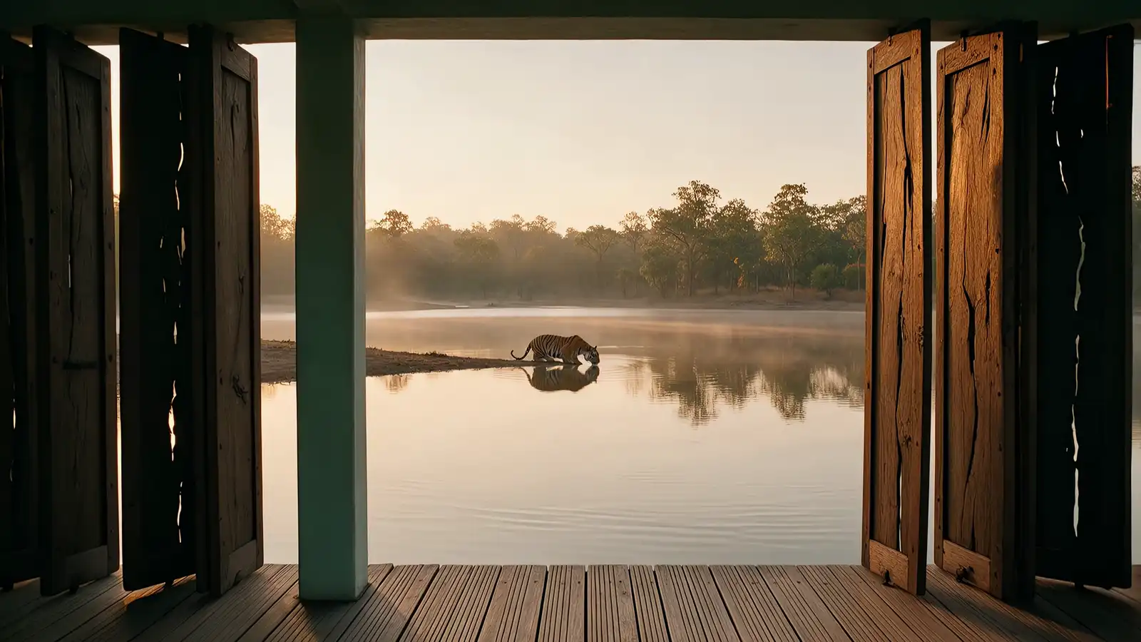 Teak screens slide open onto a still reservoir where a tiger drinks