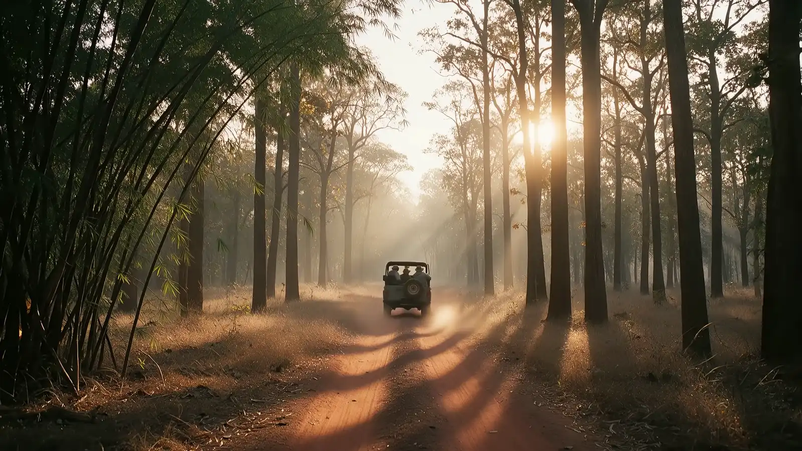 Behind an open safari jeep on a red dust track through bamboo at first light