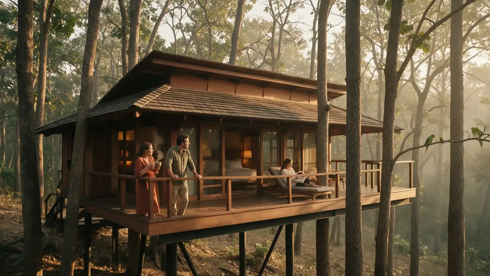 A teak villa raised on stilts among sal trees, two guests on its deck