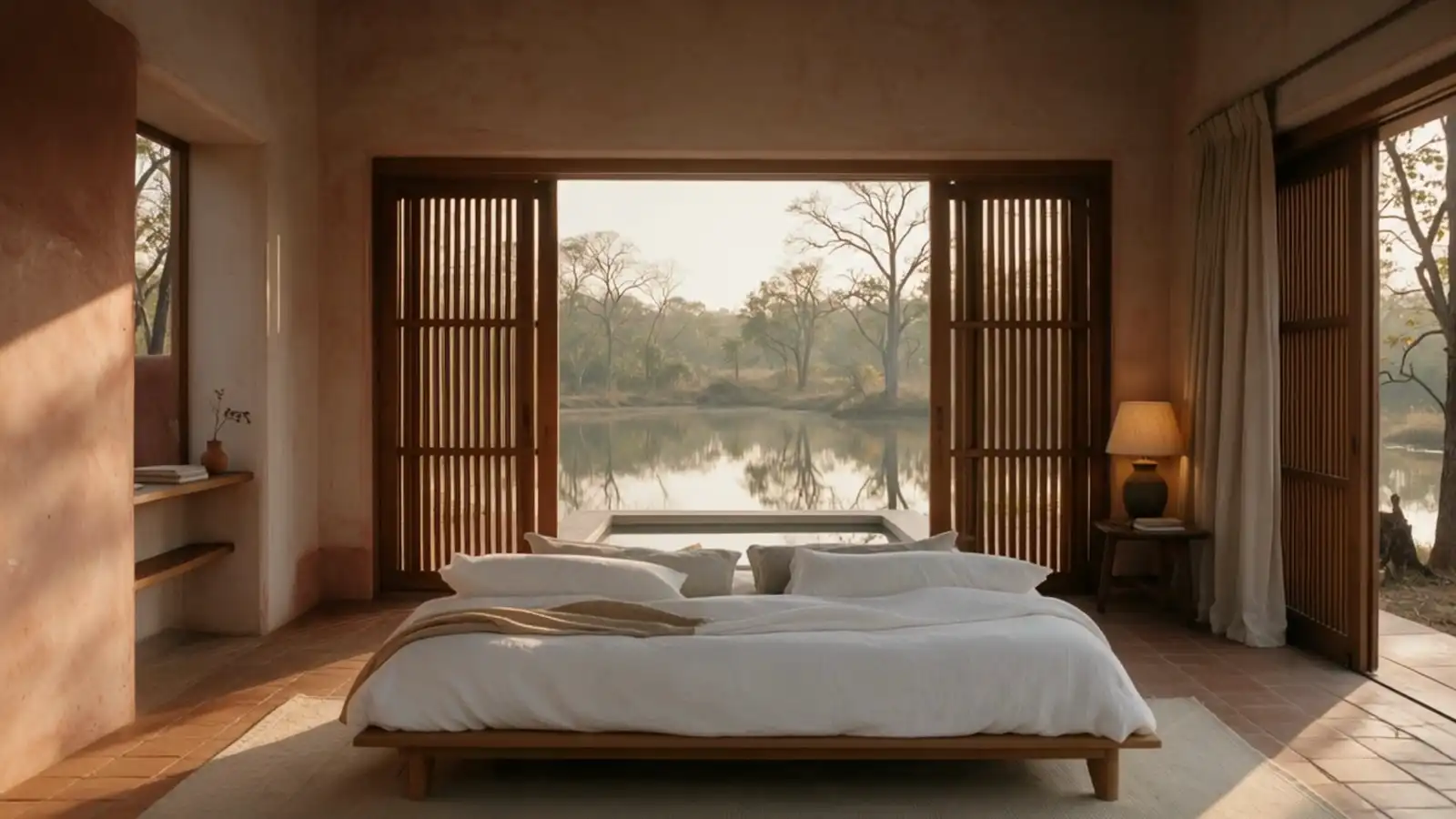 A lime-plastered room whose screens open onto a still lake