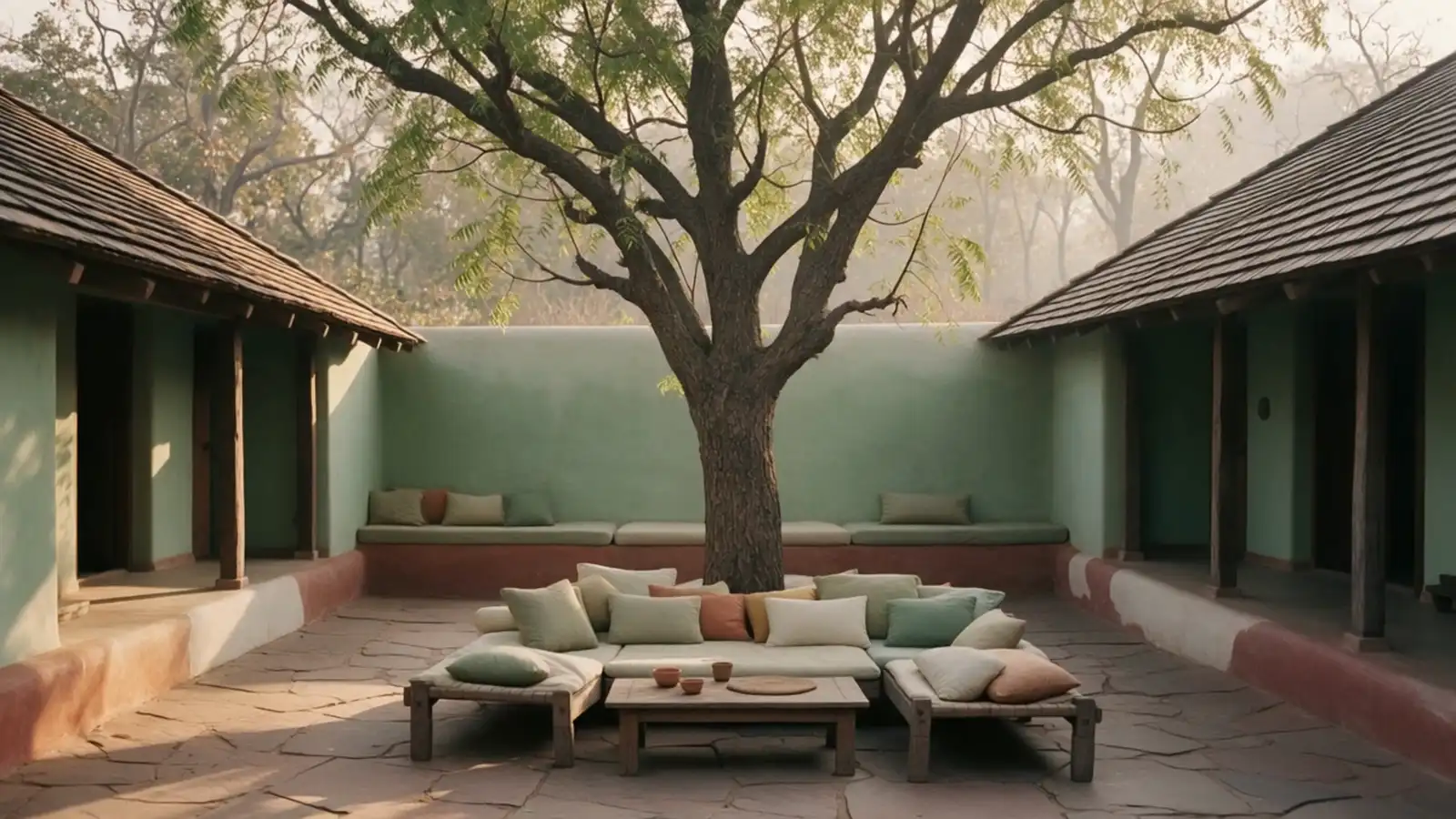 A courtyard with low cushioned seating around an old neem tree