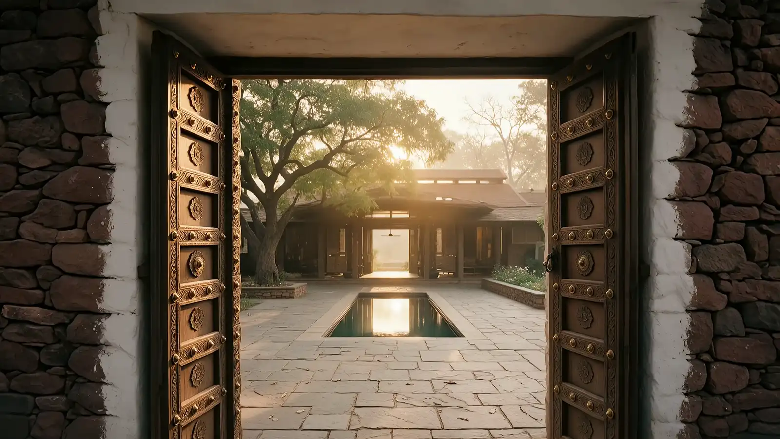 Tall carved teak doors in a dry-stone wall swing open onto warm light