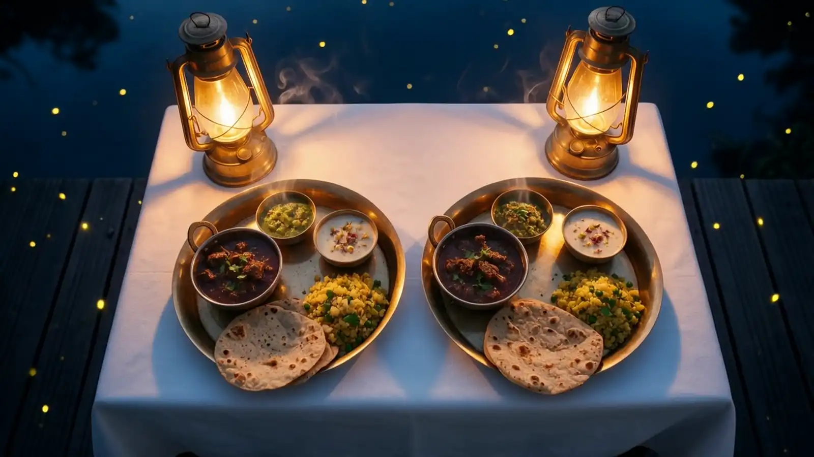 Overhead, two brass thalis of Saoji mutton, bhakri and chutneys between lanterns