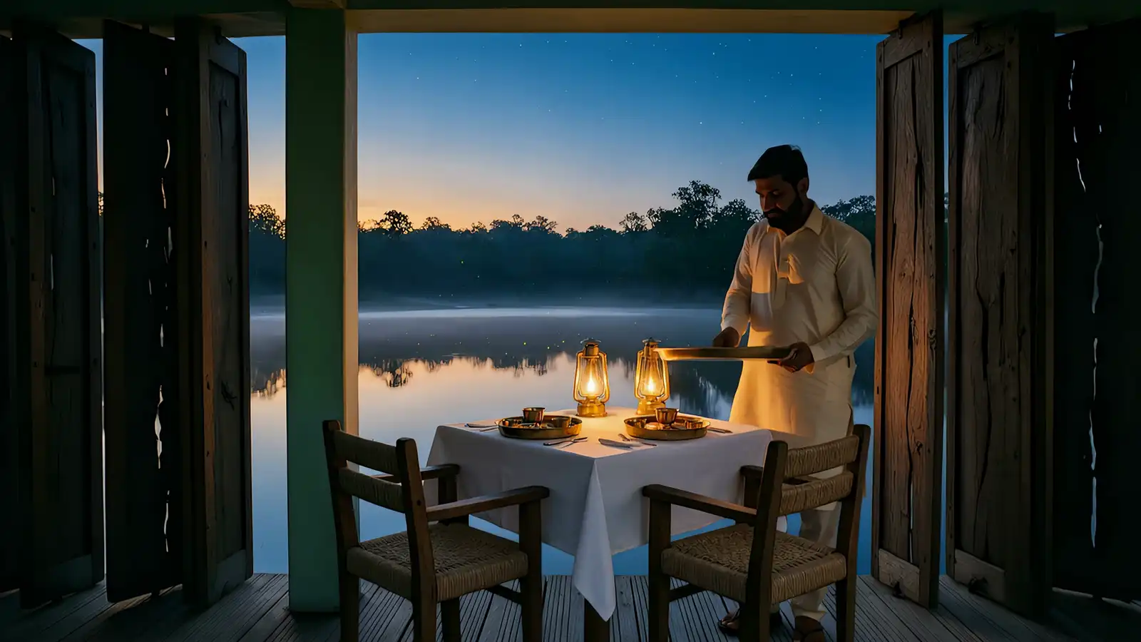 A server in a cream kurta sets two brass thalis on the lantern-lit table above the lake