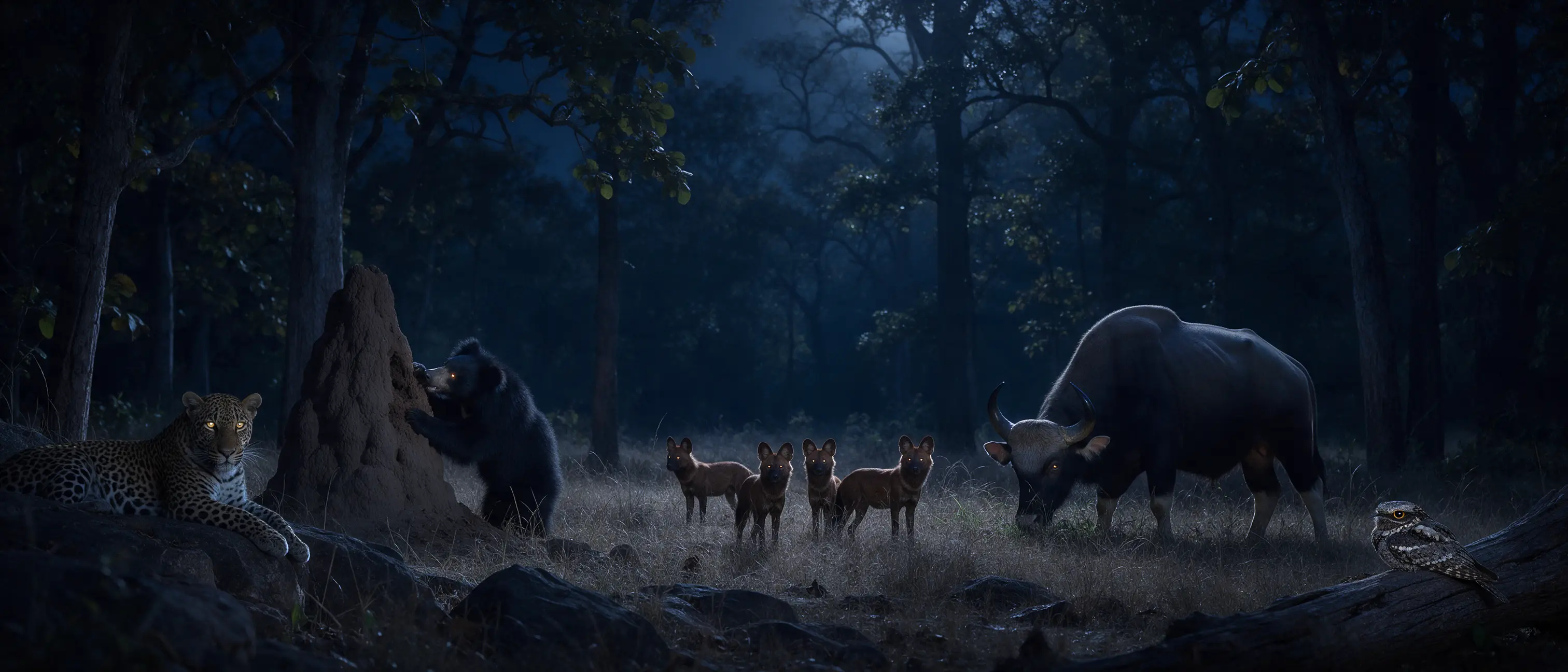 At night in the forest: a leopard on a rock, a sloth bear at a termite mound, a pack of dholes, a gaur and a nightjar on a log