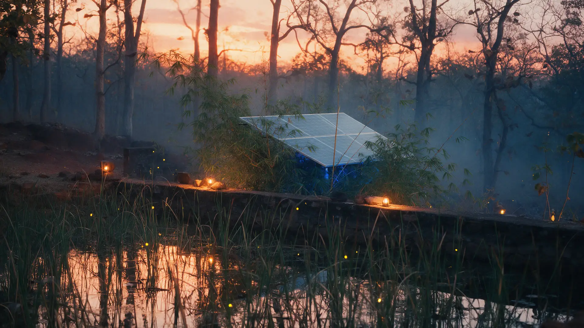 Solar panels among bamboo beside a reed-bed pond at dusk, villa lamps glowing