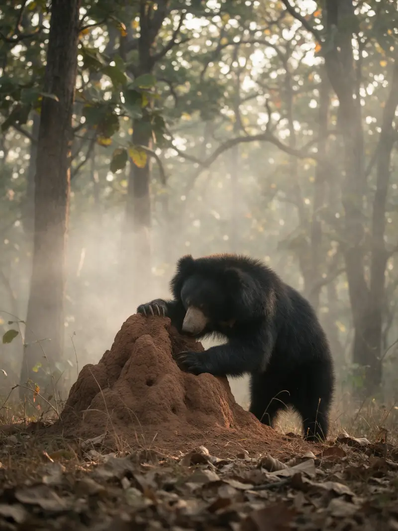 A sloth bear at a termite mound in dappled light