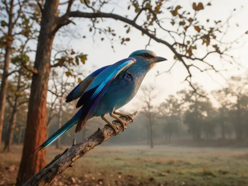 An Indian roller perched on a dry branch, wings half open in electric blue, a blurred meadow behind