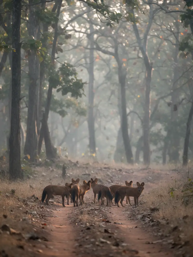 A pack of dholes on a forest track in morning light