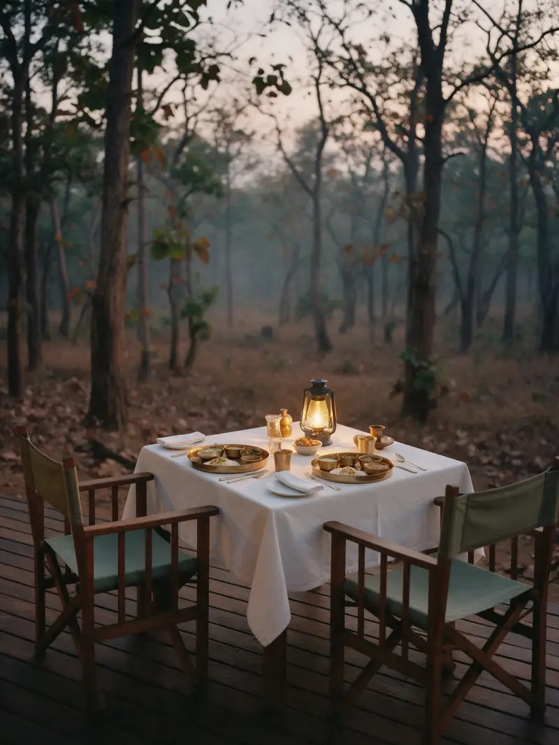 A lantern-lit dinner table for two on a teak deck with brass thalis, the forest blue at dusk