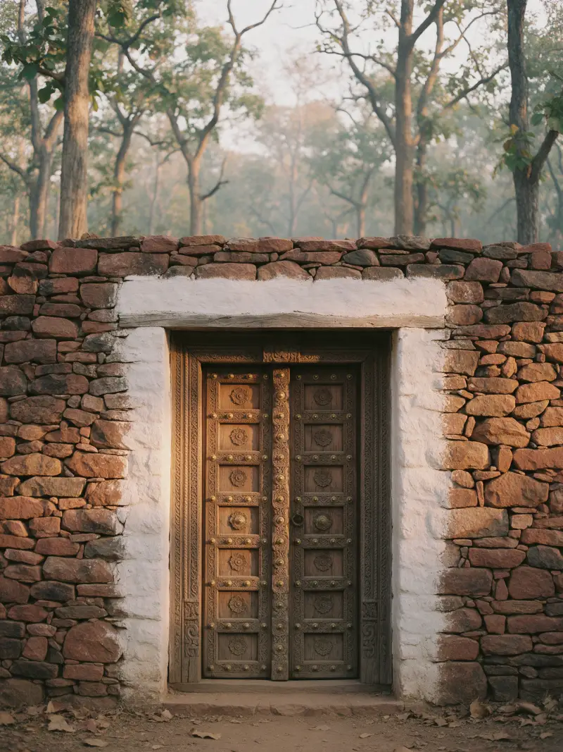 Tall carved teak doors with brass studs set into a dry-stone wall, mist and forest beyond