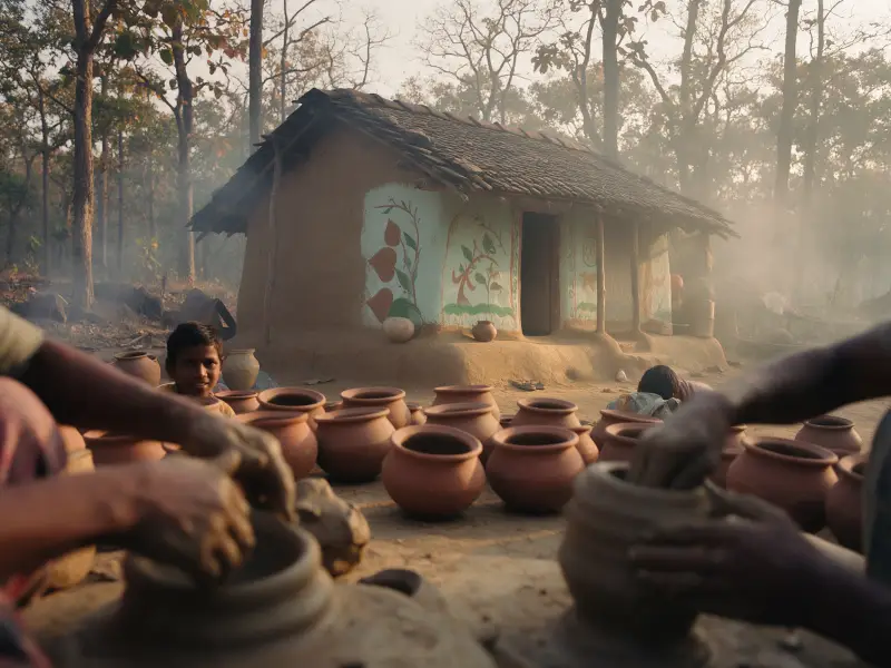 Hands shaping clay beside an earthen village house with painted walls and terracotta pots drying in the sun