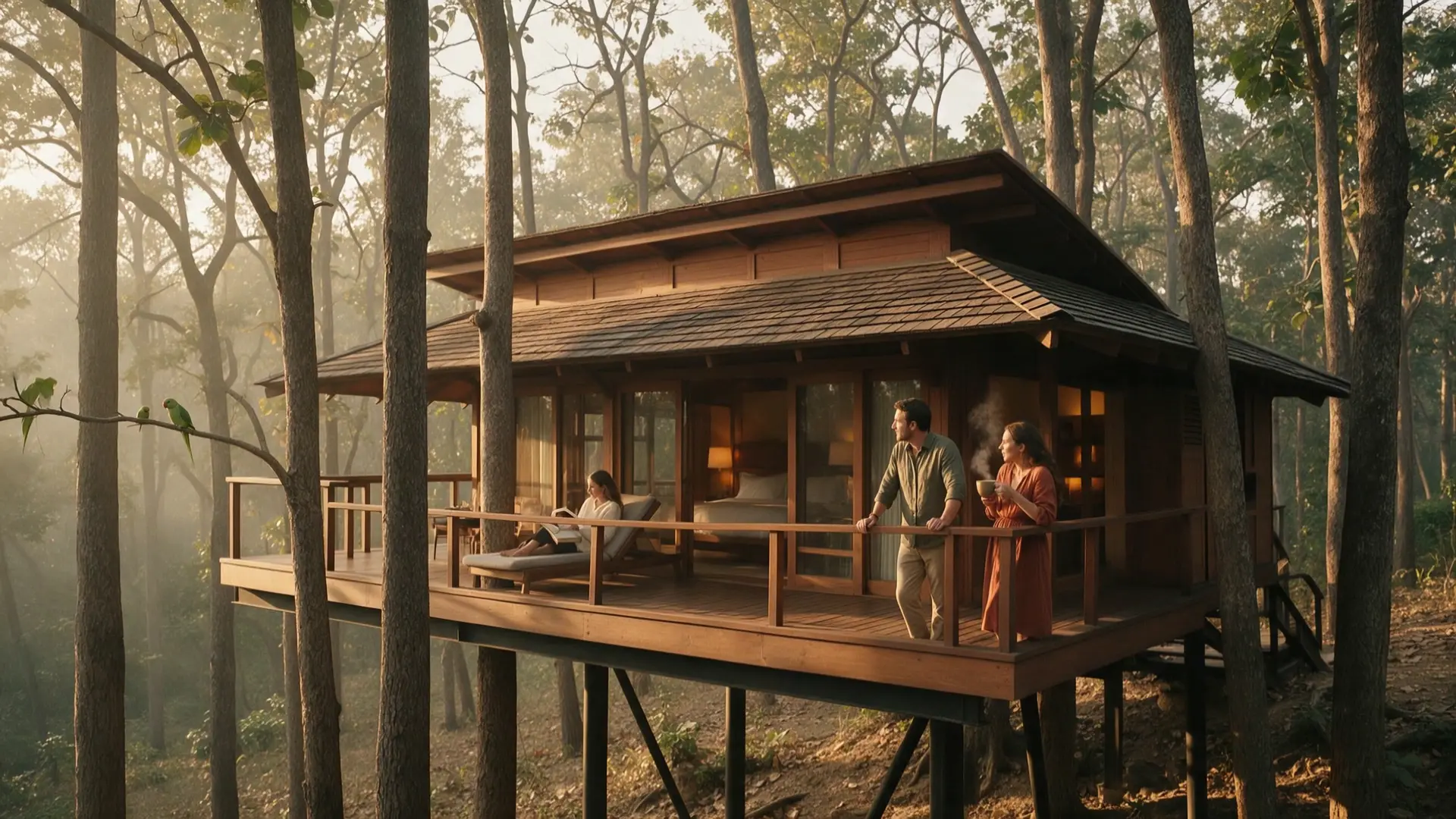 A teak villa raised on stilts among sal trees at golden hour, guests relaxing on its wide deck