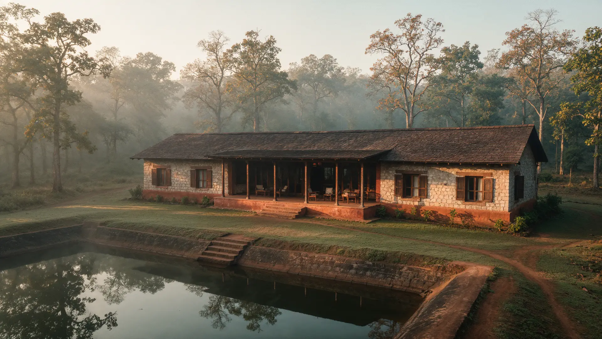 A low stone-and-teak lodge at dawn with a deep verandah, sal trees in mist behind and a still reservoir in front