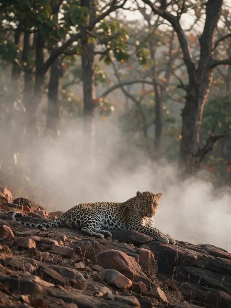 An Indian leopard resting on a rocky ridge at dusk
