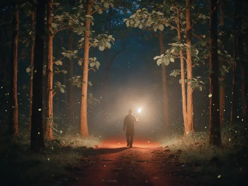 A torch-lit forest path at night with a naturalist seen from behind and fireflies in the blue dark