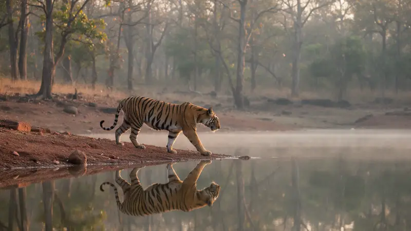 A Bengal tiger walking along the edge of a reservoir at golden hour, reflected in still water
