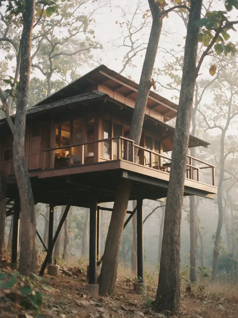 A teak villa raised on stilts among tree trunks, its deck glowing in morning haze
