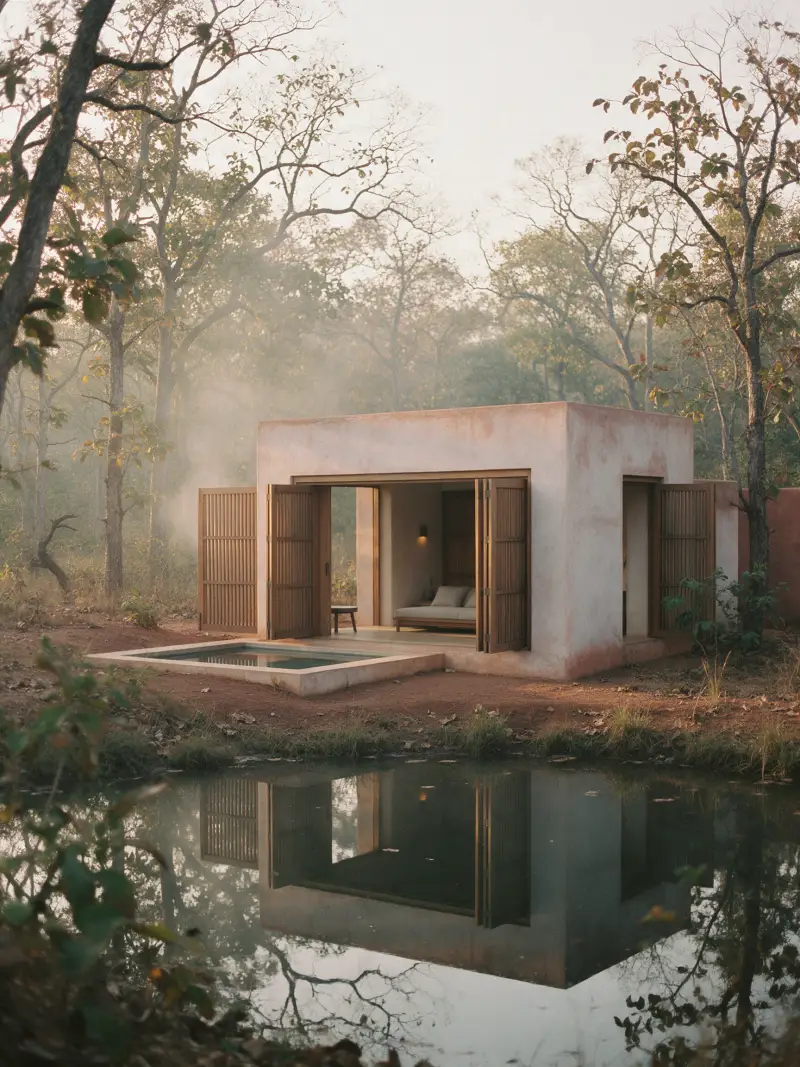 A lime-plastered pavilion with teak screens slid open onto a still lake and a small plunge pool at golden hour