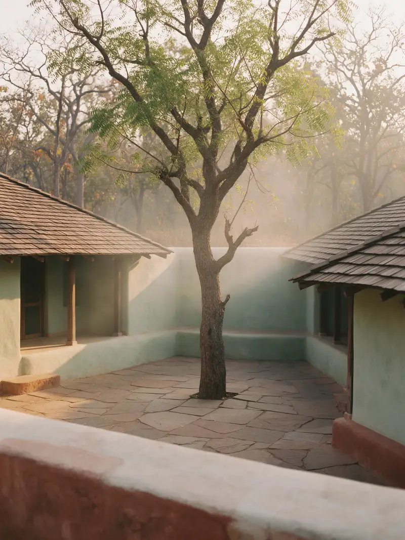 A lime-plastered courtyard around an old neem tree, with stone flagstones and two low teak-roofed wings
