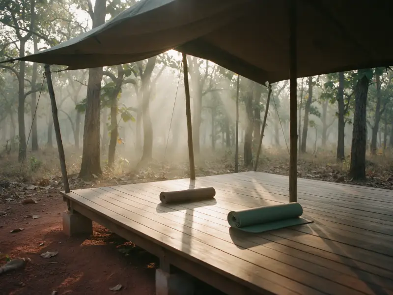 A teak yoga deck under a sal canopy at dawn with two rolled mats and shafts of light